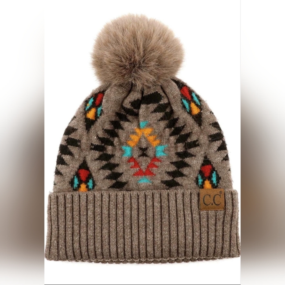 New Aztec CC Fur Pom Winter Fall Beanie with tags
